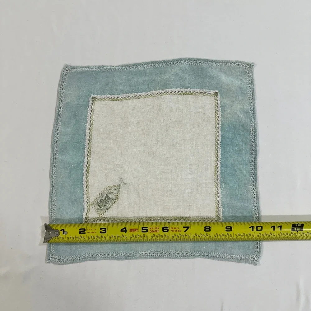 Vintage Linen Handkerchief Blue Cream Embroidered Lace Trim Square Pocket Square